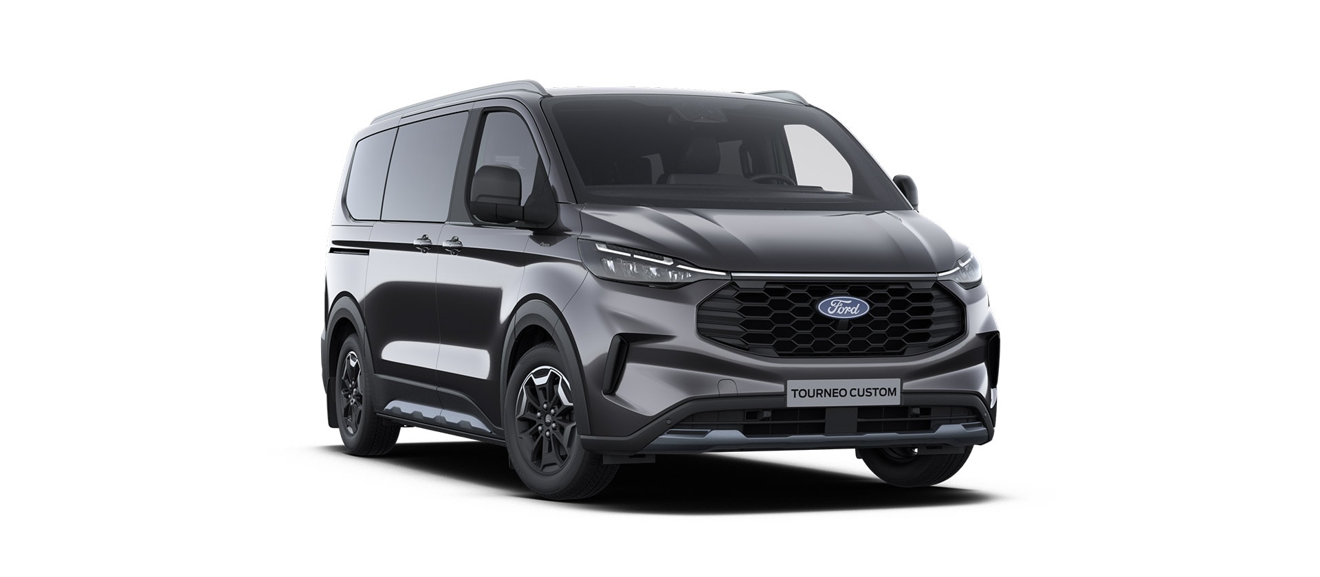 Šedý Ford Tourneo Custom Active, pohled zepředu a z boku